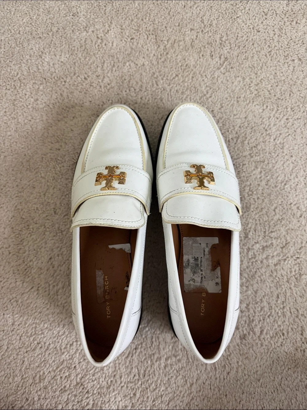 Tory Burch White Leather Loafers with Gold Emblem